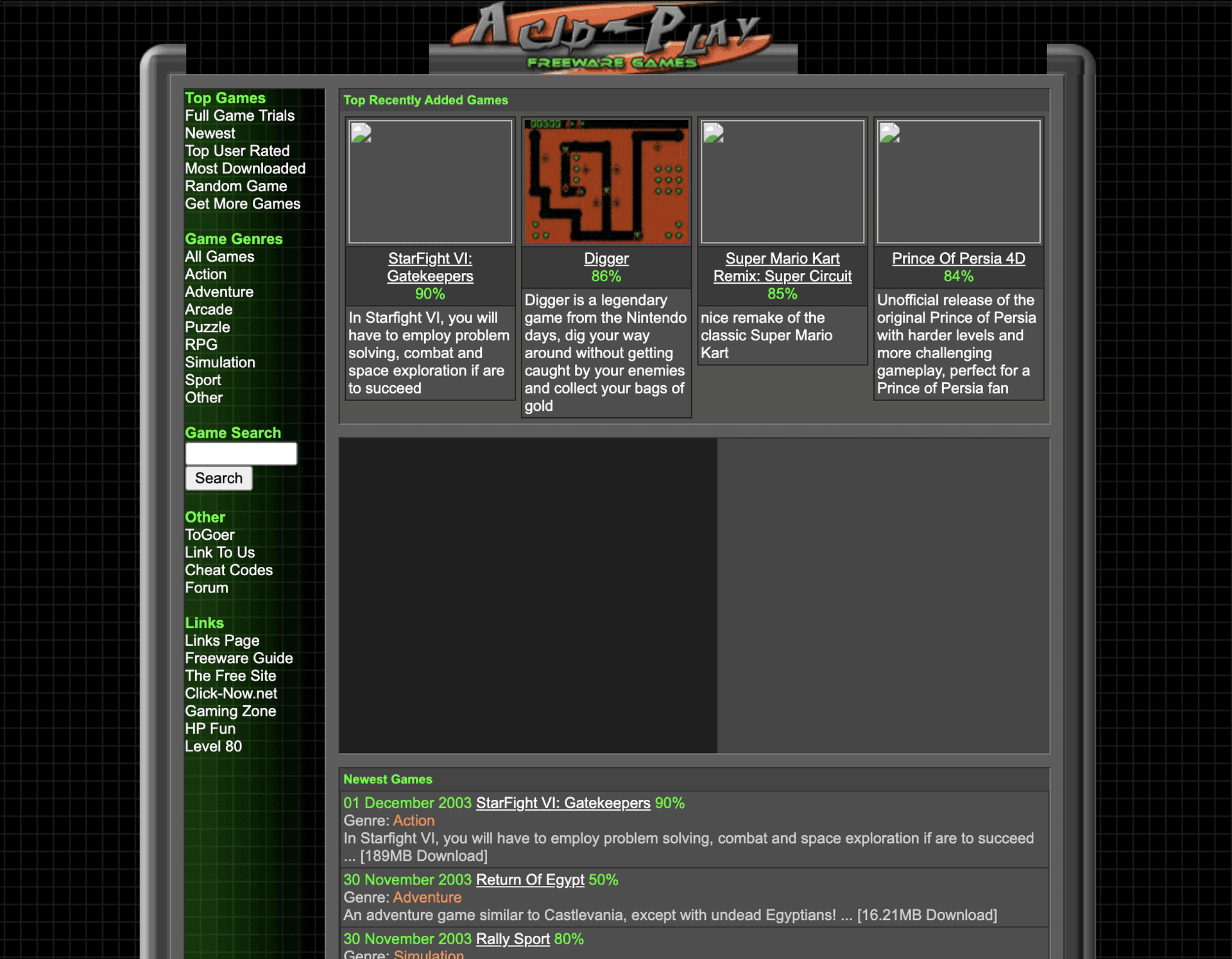 Screenshot: Acid-Play during the growth years (2003-2004), showing the expanding game library